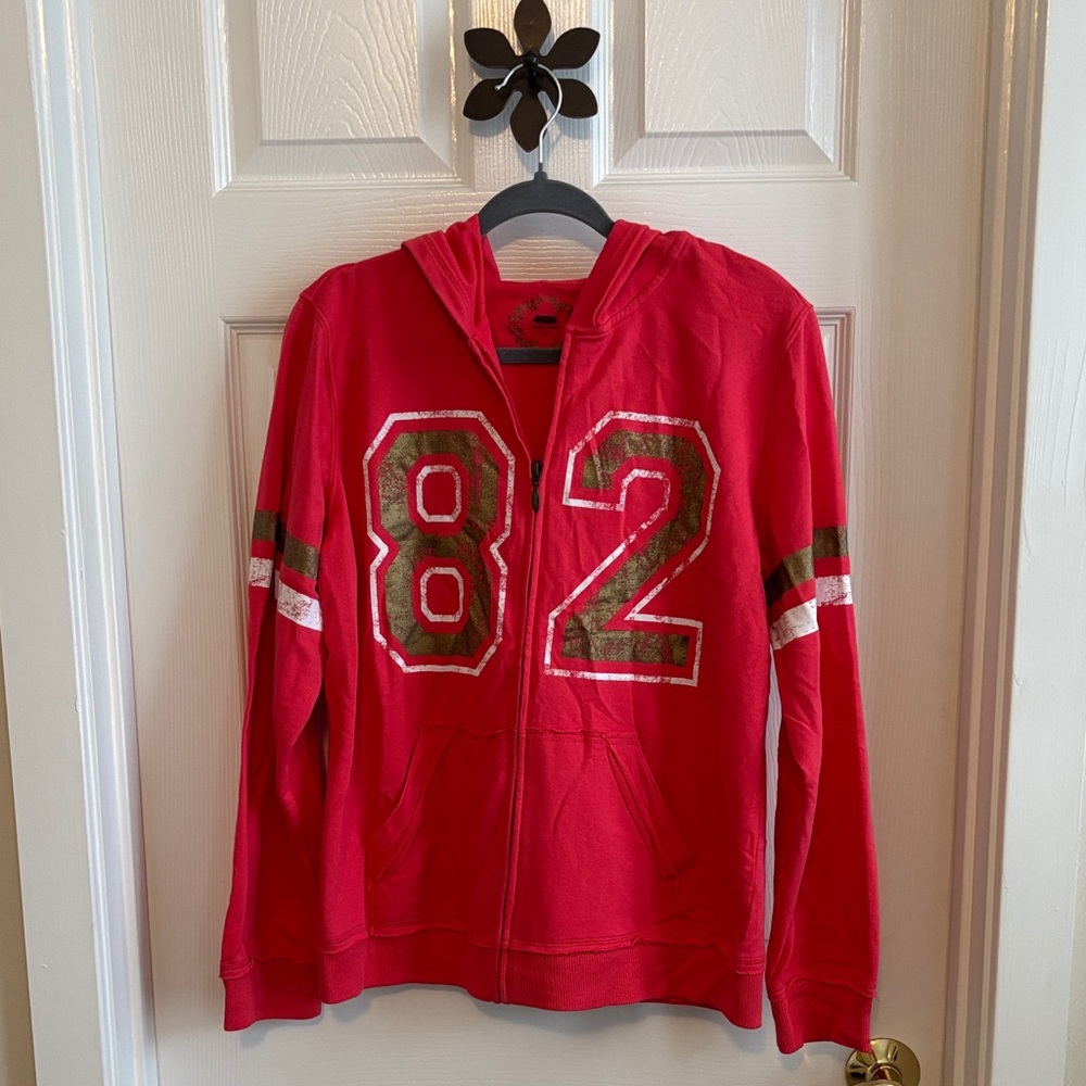Cato Red Orange Hoodie Jacket with Football Styling Rough Hewn Edges NWOT Size M